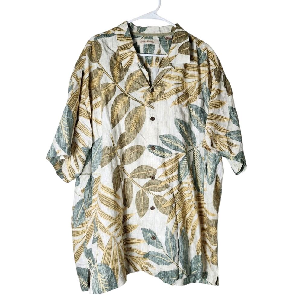 Tommy Bahama Shirt Men's XXL White Green 100% Linen Floral Hawaiian Palm
